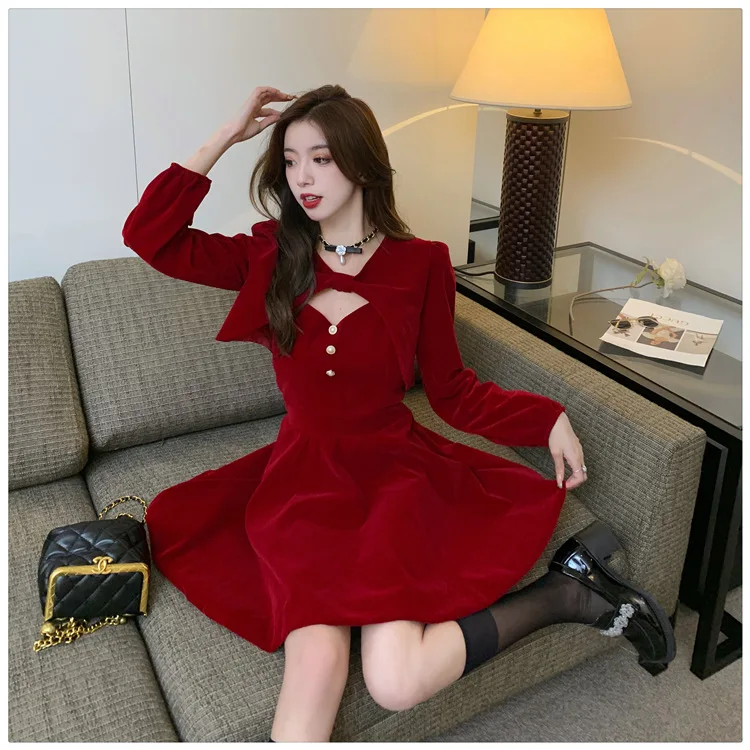 Red Velvet Princess Dress with Shawl Long Sleeve Christmas New Year Elegant Fashion Two-Piece Set Short A- Line Skirt