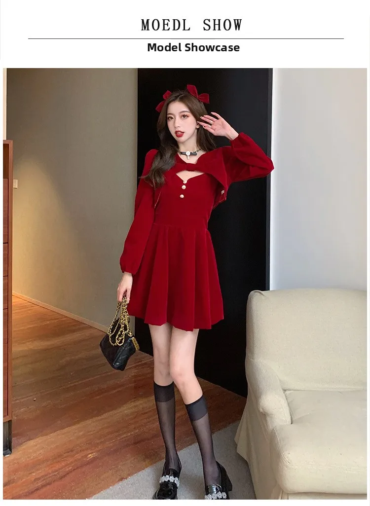 Red Velvet Princess Dress with Shawl Long Sleeve Christmas New Year Elegant Fashion Two-Piece Set Short A- Line Skirt