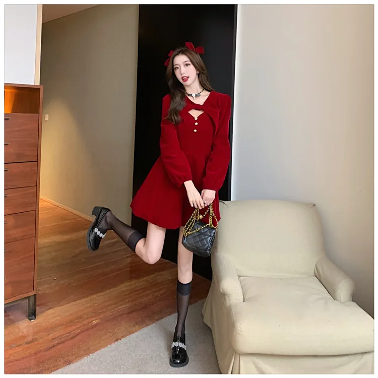 Red Velvet Princess Dress with Shawl Long Sleeve Christmas New Year Elegant Fashion Two-Piece Set Short A- Line Skirt