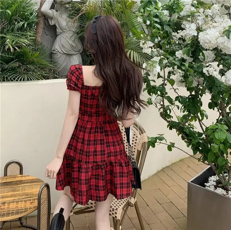 Red Plaid Mini Dress Summer Fashion Women's Bubble Sleeve Classic French Style Sweet First Love Dress Short Length Casual Wear