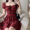Women’s Red Plaid Bubble Sleeve Mini Dress - red mini dress