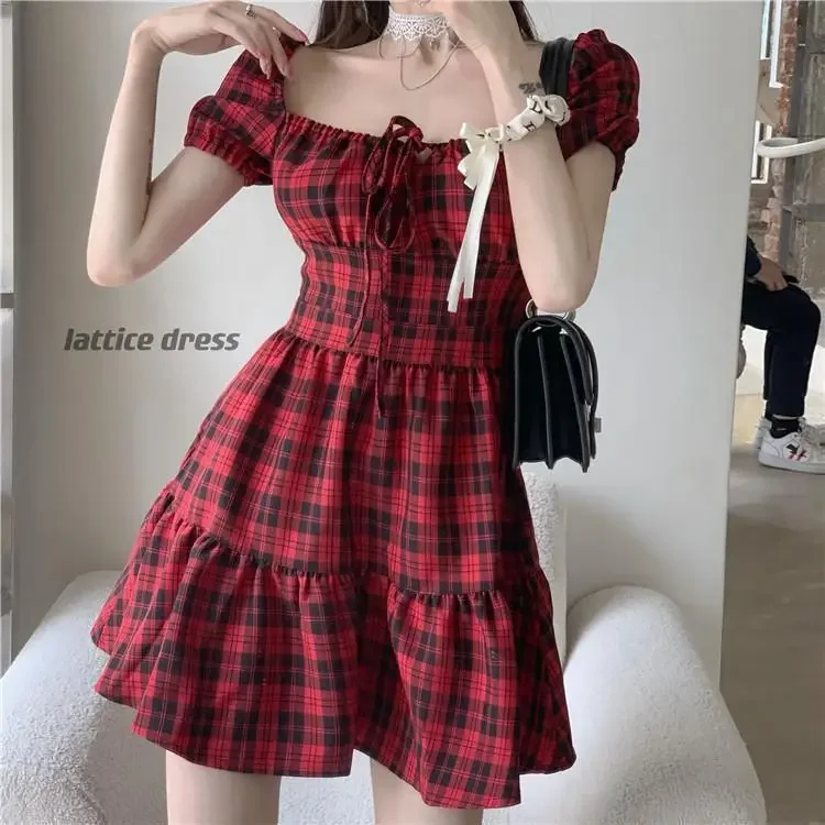 Red Plaid Mini Dress Summer Fashion Women's Bubble Sleeve Classic French Style Sweet First Love Dress Short Length Casual Wear