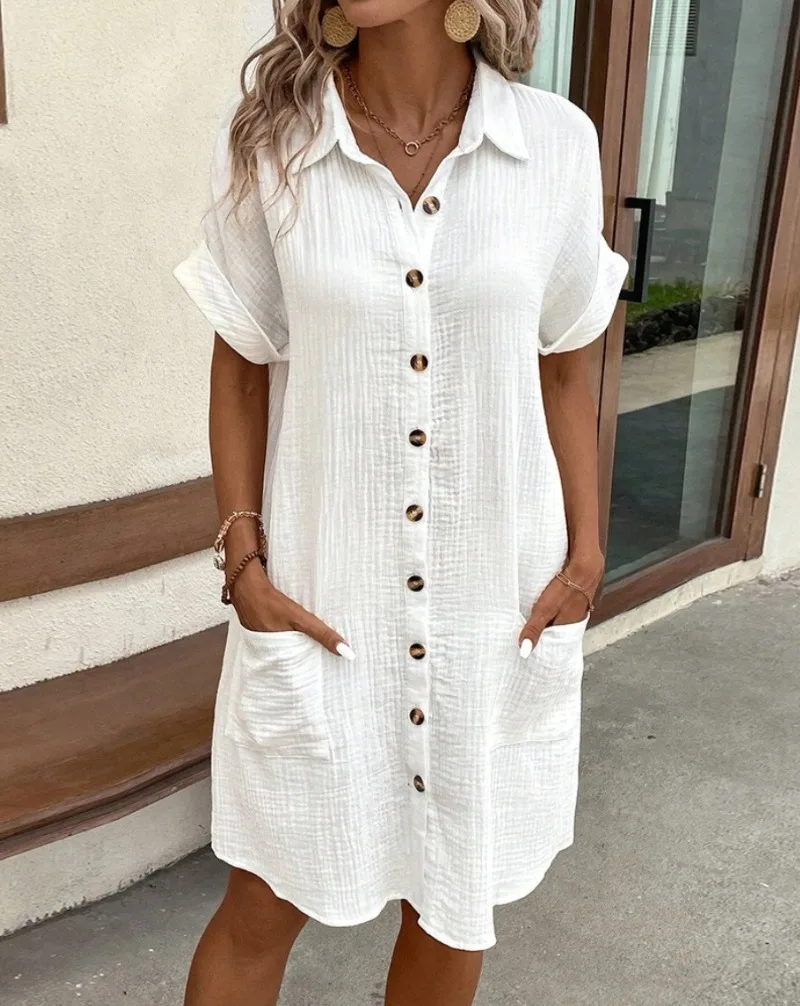 Women's Fashion Summer Minimalist V-neck Button Up Dress Woman Cotton Linen White Short Sleeved Pocket Casual Loose Shirt Dress
