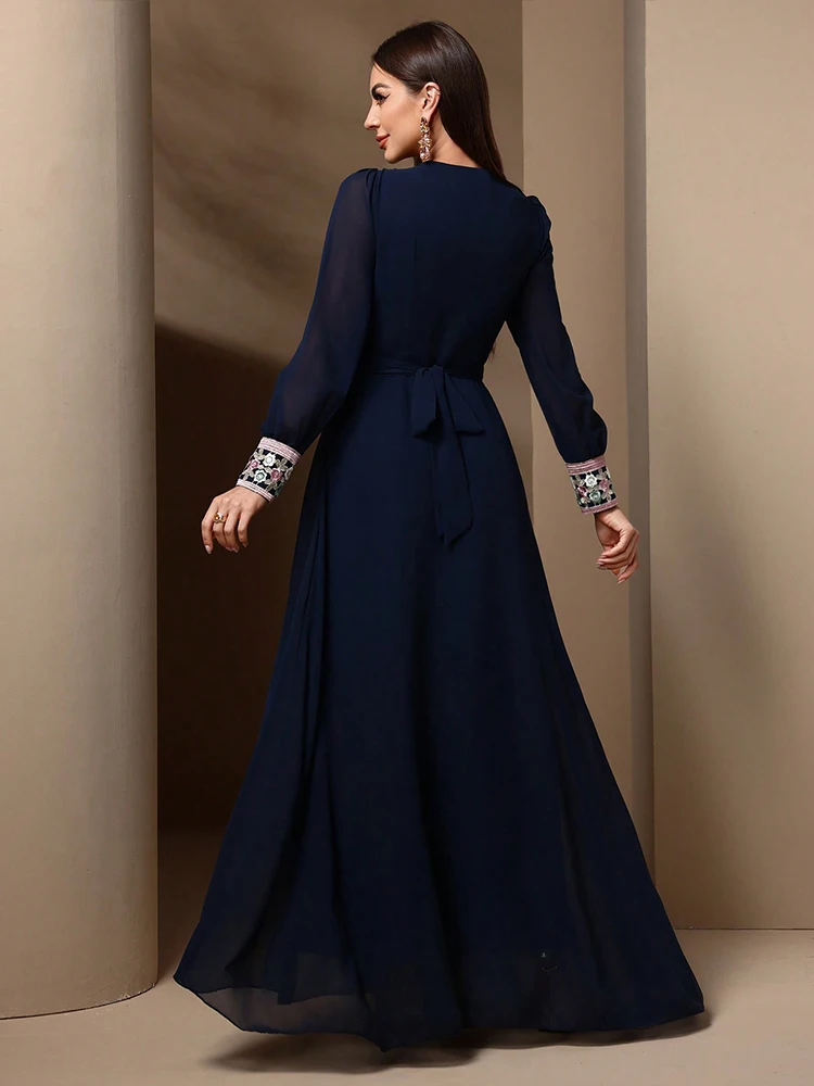 TOLEEN Middle Eastern Women's Fashionable Dress With A Cinched Waist And Embroidered V-neck A Long Dress For Banquets