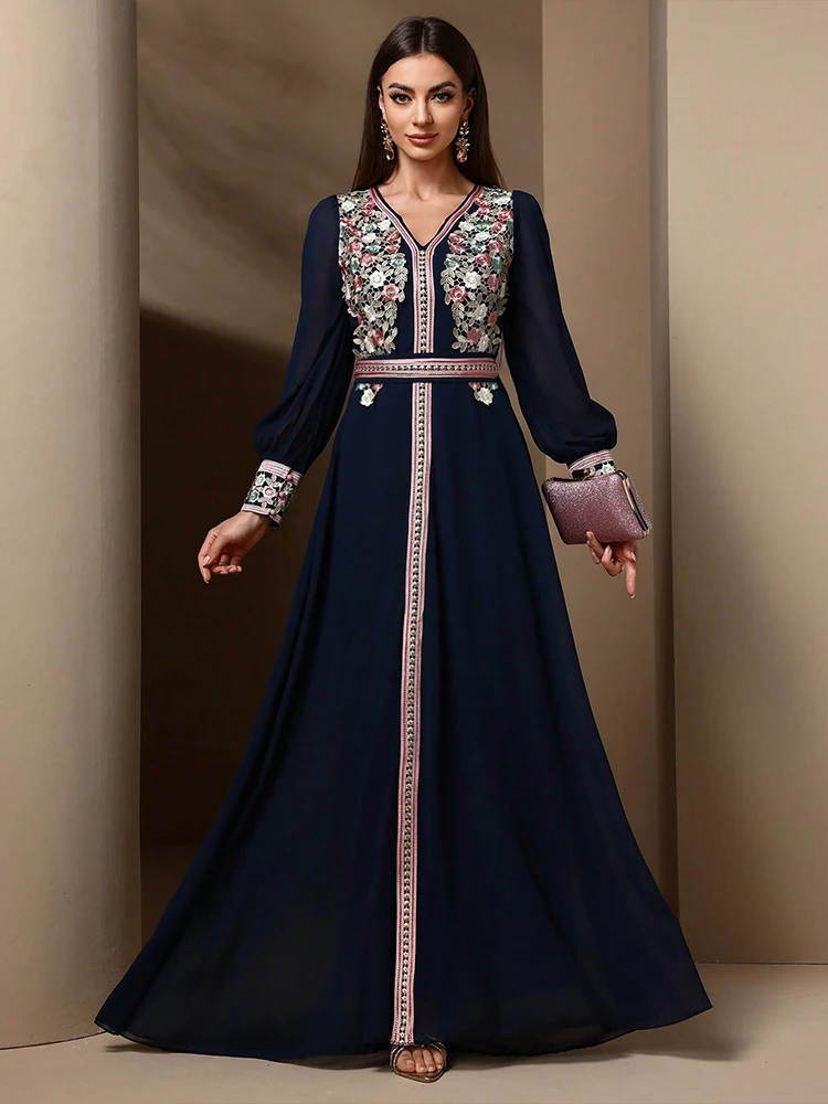 TOLEEN Middle Eastern Women's Fashionable Dress With A Cinched Waist And Embroidered V-neck A Long Dress For Banquets TOLEEN Middle Eastern Women's Fashionable Dress With A Cinched Waist And Embroidered V-neck A Long Dress For Banquets