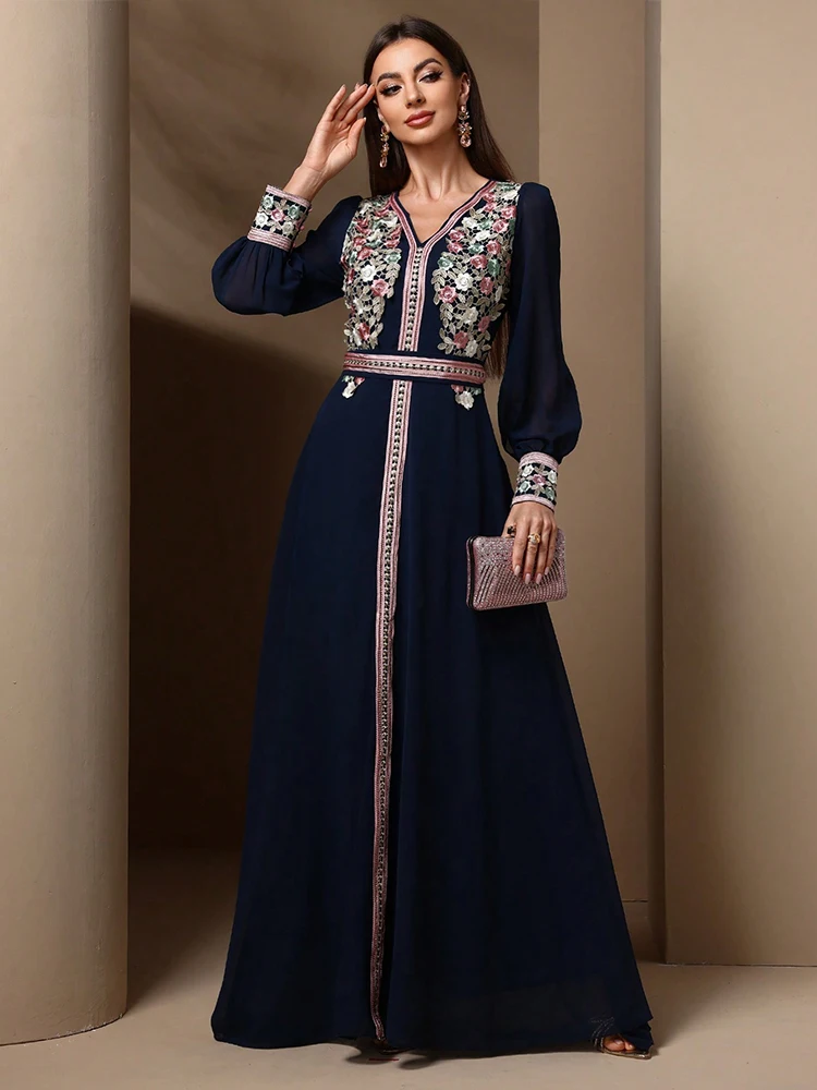 TOLEEN Middle Eastern Women's Fashionable Dress With A Cinched Waist And Embroidered V-neck A Long Dress For Banquets TOLEEN Middle Eastern Women's Fashionable Dress With A Cinched Waist And Embroidered V-neck A Long Dress For Banquets