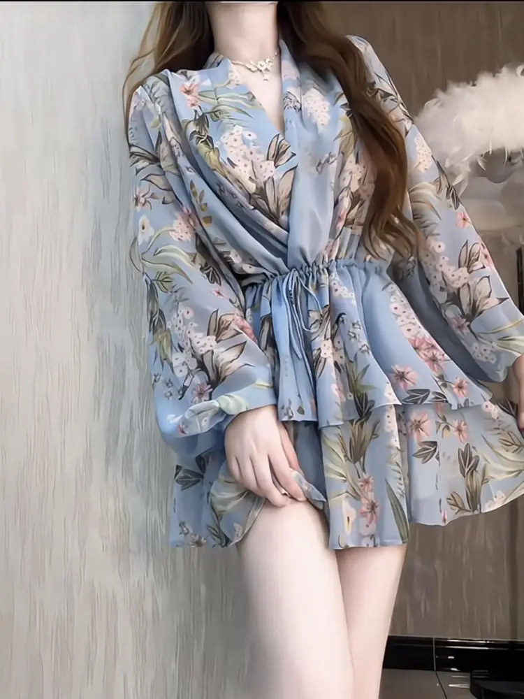 Female Satin Dress Mini Flower Blue Short Floral Beach Women's Long Sleeve Chiffon Dresses on Sales Chic and Elegant Pretty