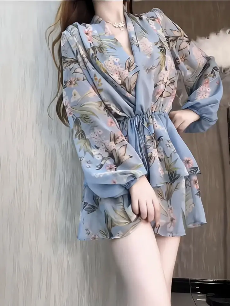 Female Satin Dress Mini Flower Blue Short Floral Beach Women's Long Sleeve Chiffon Dresses on Sales Chic and Elegant Pretty