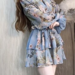 Women’s Blue Satin & Chiffon Floral Mini Dress