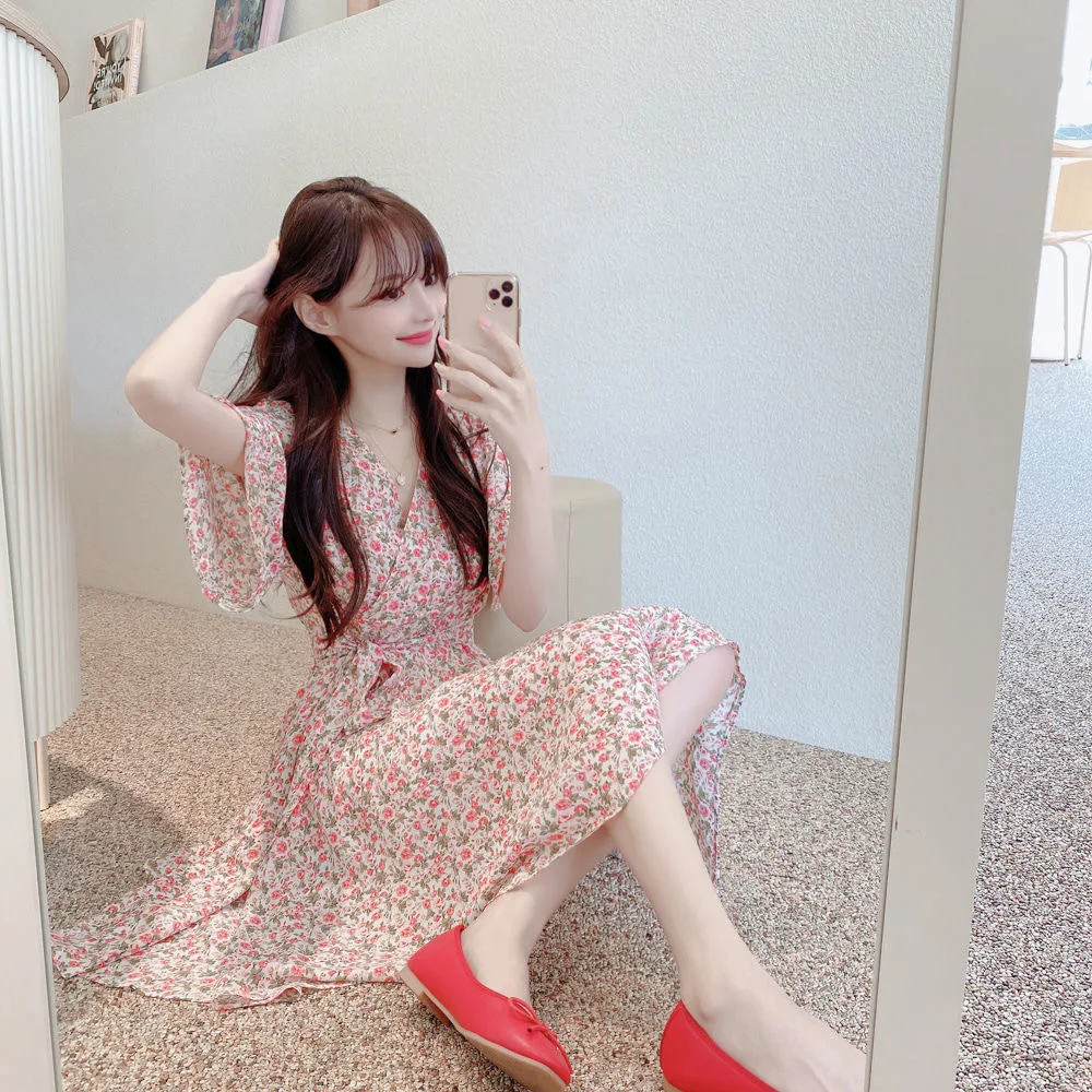 Floral Print Chiffon Short Sleeve Dress Women's Summer 2025 Fashion Slimming French Initial Dandelion Skirt High Waist A- Line..