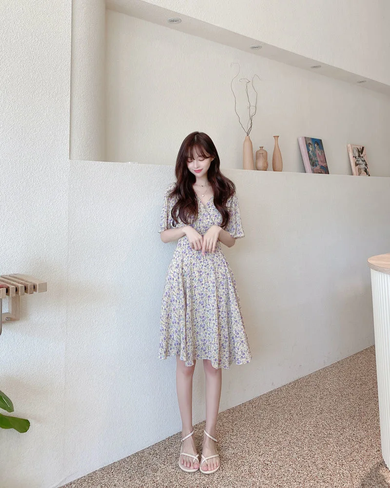 Floral Print Chiffon Short Sleeve Dress Women's Summer 2025 Fashion Slimming French Initial Dandelion Skirt High Waist A- Line..
