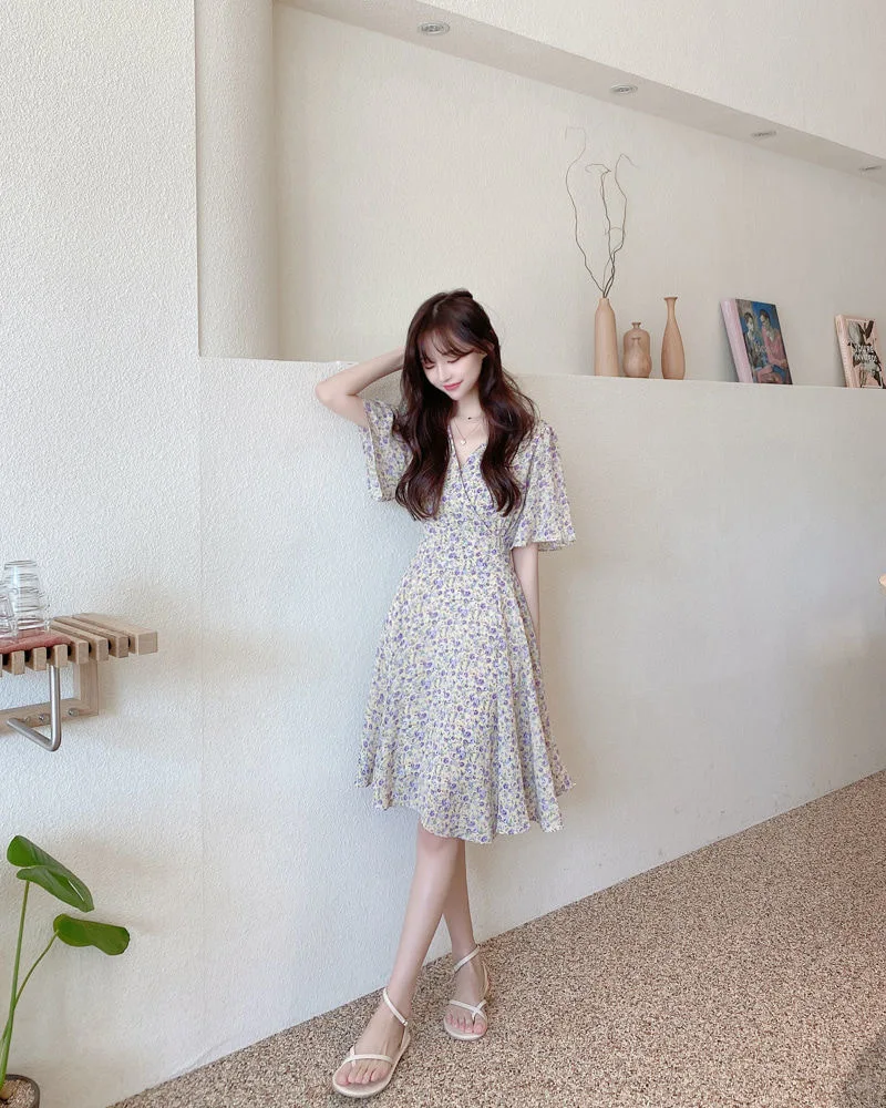 Floral Print Chiffon Short Sleeve Dress Women's Summer 2025 Fashion Slimming French Initial Dandelion Skirt High Waist A- Line..
