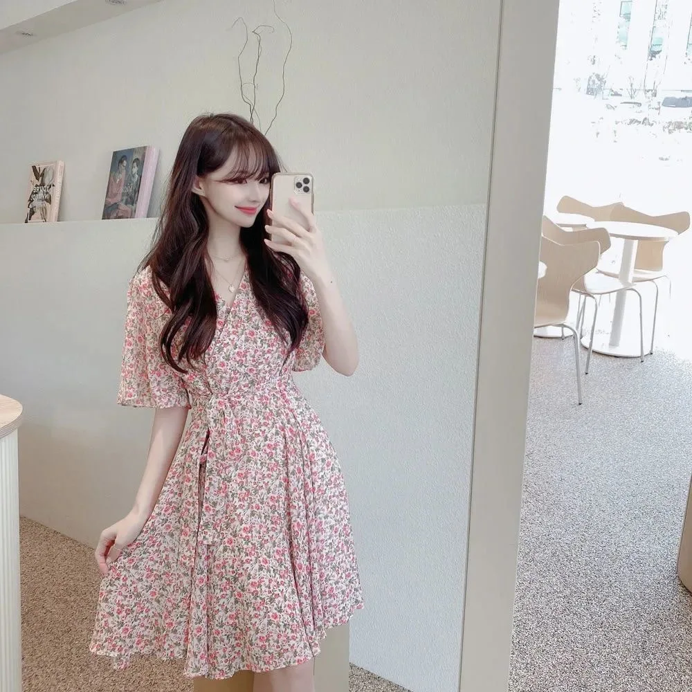 Floral Print Chiffon Short Sleeve Dress Women's Summer 2025 Fashion Slimming French Initial Dandelion Skirt High Waist A- Line..