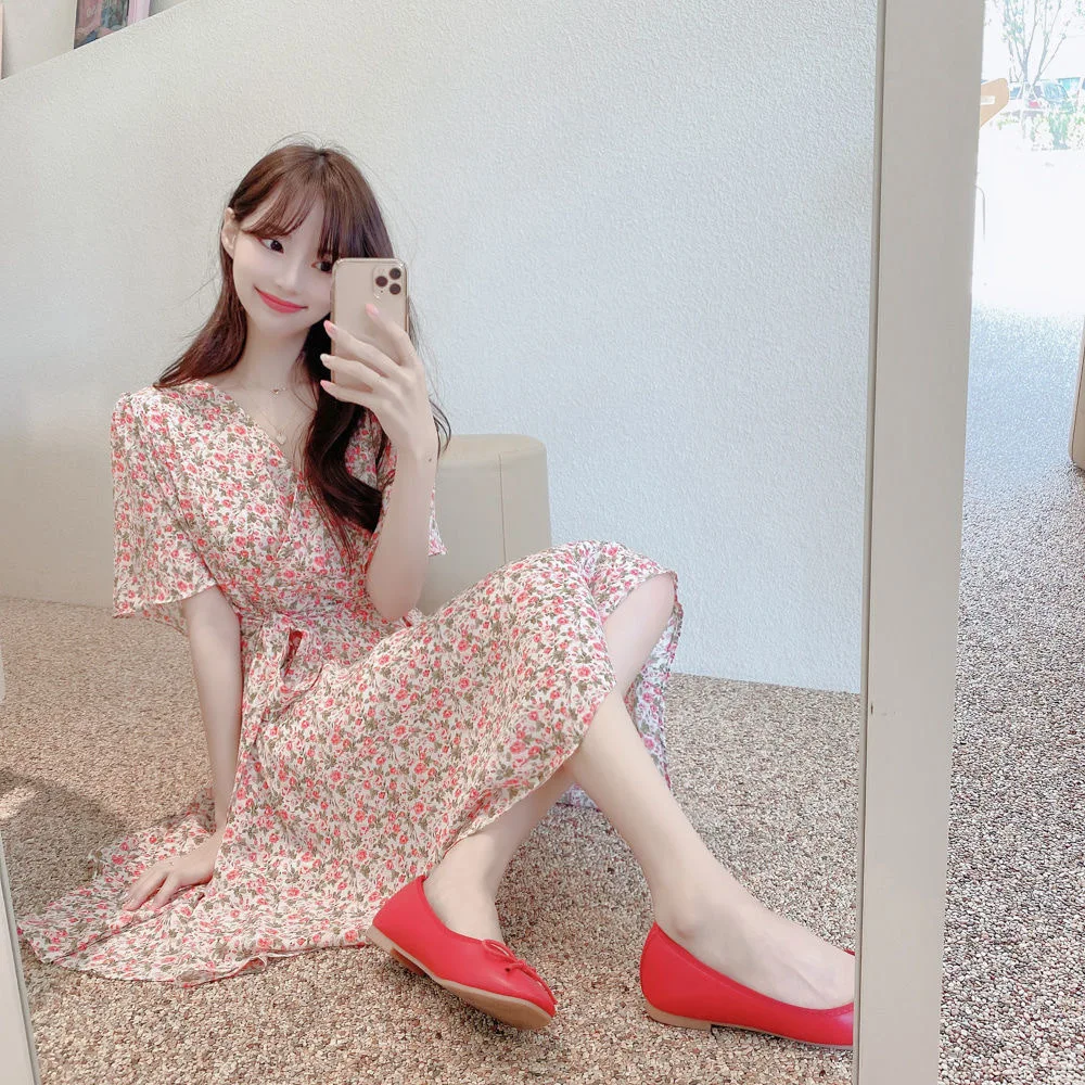 Floral Print Chiffon Short Sleeve Dress Women's Summer 2025 Fashion Slimming French Initial Dandelion Skirt High Waist A- Line..