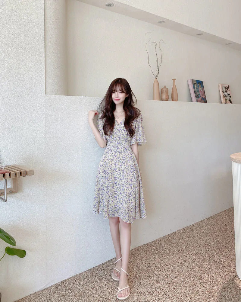 Floral Print Chiffon Short Sleeve Dress Women's Summer 2025 Fashion Slimming French Initial Dandelion Skirt High Waist A- Line..