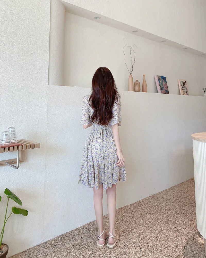 Floral Print Chiffon Short Sleeve Dress Women's Summer 2025 Fashion Slimming French Initial Dandelion Skirt High Waist A- Line..