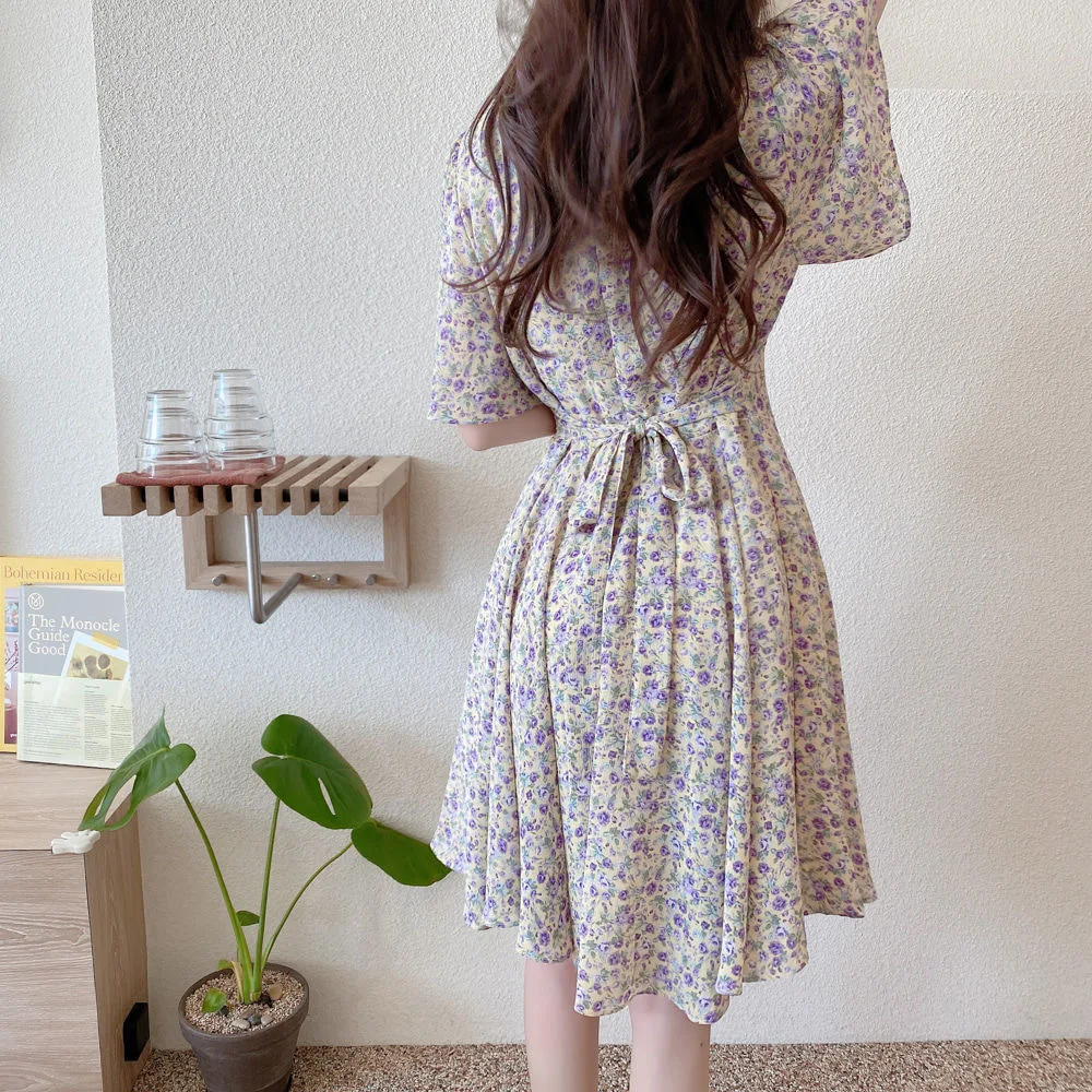 Floral Print Chiffon Short Sleeve Dress Women's Summer 2025 Fashion Slimming French Initial Dandelion Skirt High Waist A- Line..