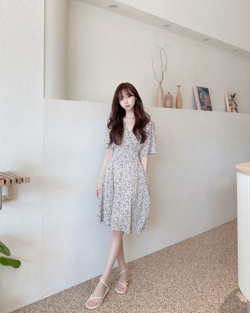 Floral Print Chiffon Short Sleeve Dress Women's Summer 2025 Fashion Slimming French Initial Dandelion Skirt High Waist A- Line..