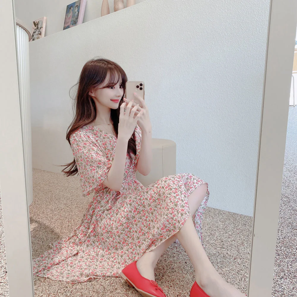 Floral Print Chiffon Short Sleeve Dress Women's Summer 2025 Fashion Slimming French Initial Dandelion Skirt High Waist A- Line..