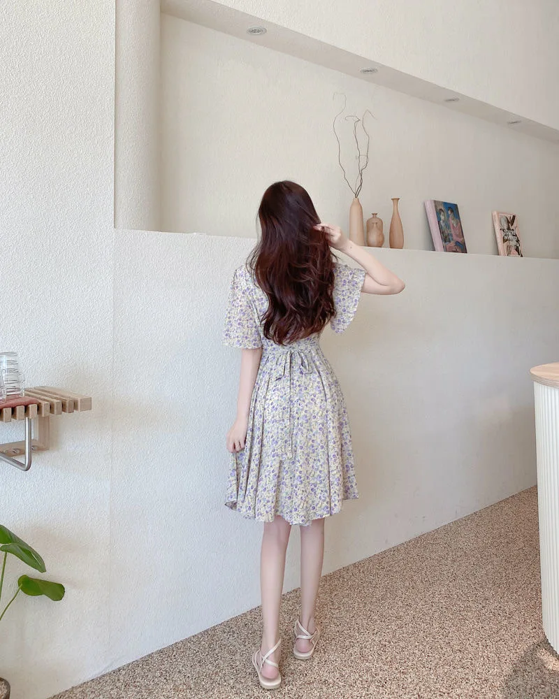 Floral Print Chiffon Short Sleeve Dress Women's Summer 2025 Fashion Slimming French Initial Dandelion Skirt High Waist A- Line..