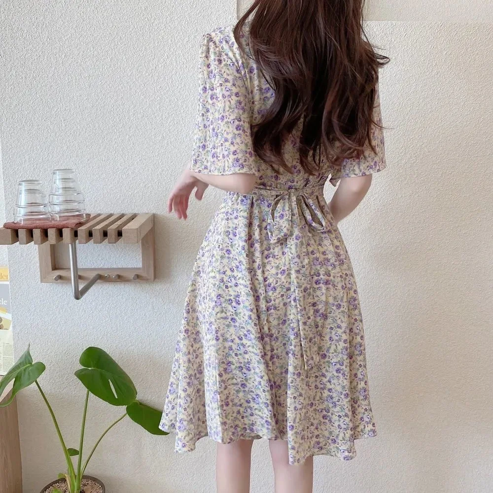 Floral Print Chiffon Short Sleeve Dress Women's Summer 2025 Fashion Slimming French Initial Dandelion Skirt High Waist A- Line..
