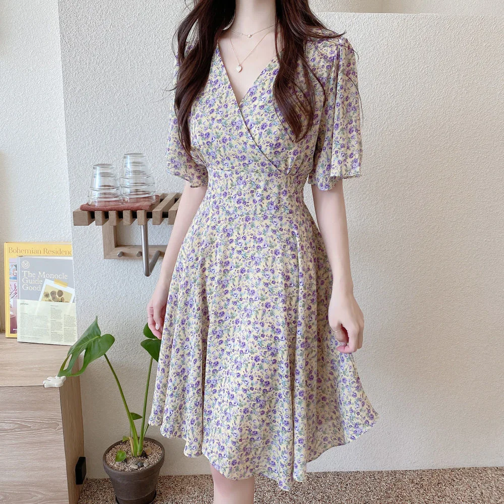 Floral Print Chiffon Short Sleeve Dress Women's Summer 2025 Fashion Slimming French Initial Dandelion Skirt High Waist A- Line..