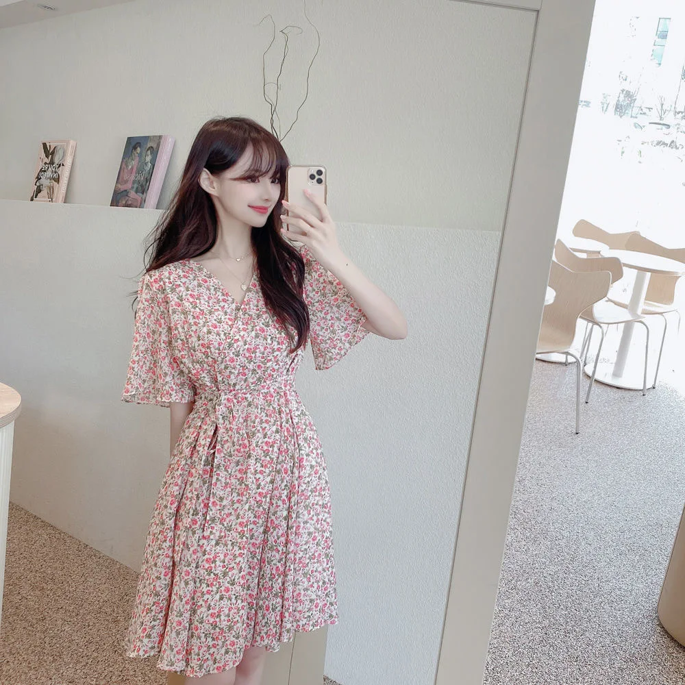 Floral Print Chiffon Short Sleeve Dress Women's Summer 2025 Fashion Slimming French Initial Dandelion Skirt High Waist A- Line..