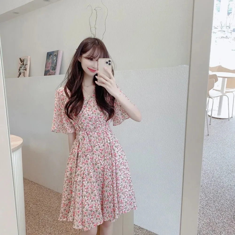 Floral Print Chiffon Short Sleeve Dress Women's Summer 2025 Fashion Slimming French Initial Dandelion Skirt High Waist A- Line..