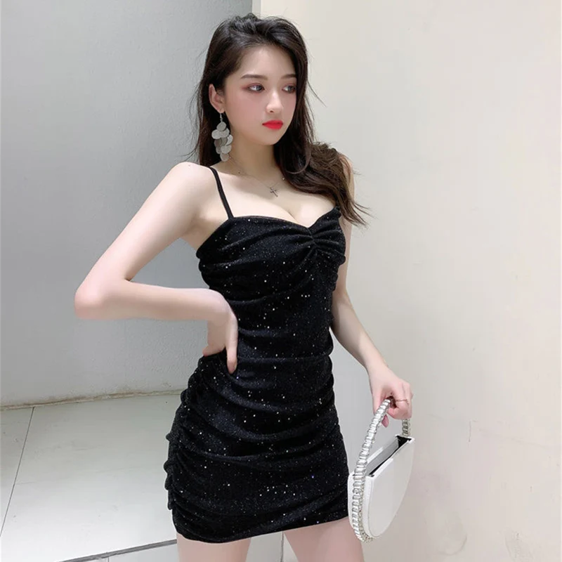 Women Sexy Sparkly Sequin Camisole Party Dress Lady Fashion Wine Red Sleeveless Slim Fit Dress Female Nightclub Backless Dress