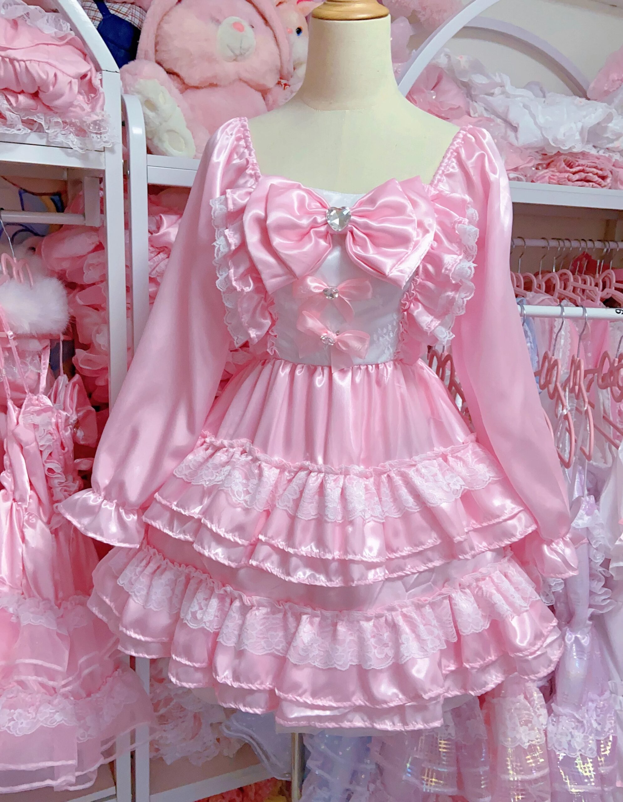 Lolita Sweet Kawaii Square Neck Petal Long Sleeve Pink Short Dresses Women Summer New Lace Bow Waist Layered Cake Puffy Dresses