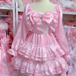 Lolita Sweet Kawaii Pink Cute Mini Dress with Lace Bow & Square Neck