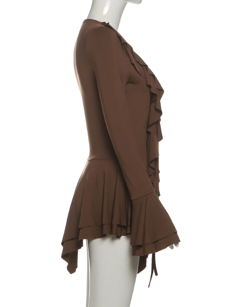 Nibber Flared Sleeve Dress Women v-Neck Tierred Irregular Hem Bandage Stretch Solid Elegant Birthday Party Chic Mini Bodycon