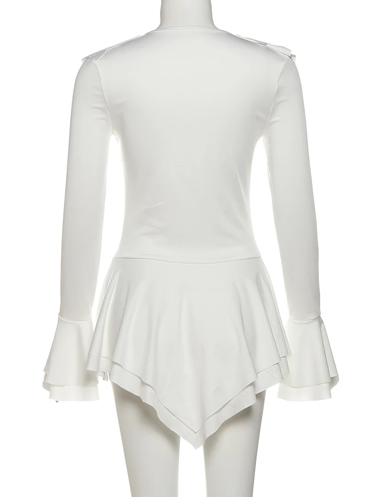 Nibber Flared Sleeve Dress Women v-Neck Tierred Irregular Hem Bandage Stretch Solid Elegant Birthday Party Chic Mini Bodycon