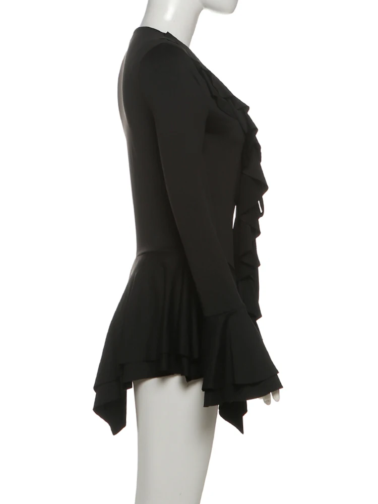 Nibber Flared Sleeve Dress Women v-Neck Tierred Irregular Hem Bandage Stretch Solid Elegant Birthday Party Chic Mini Bodycon