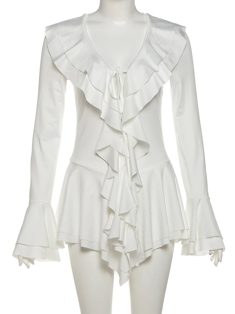 Nibber Flared Sleeve Dress Women v-Neck Tierred Irregular Hem Bandage Stretch Solid Elegant Birthday Party Chic Mini Bodycon