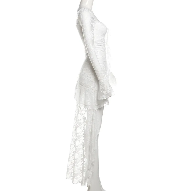 Goth Dark Fairycore Lace Flare Sleeve Square Neck A-line Dress Sweet E-girl Irregular Long Hem Dresses Cyber Y2K Party Vestido