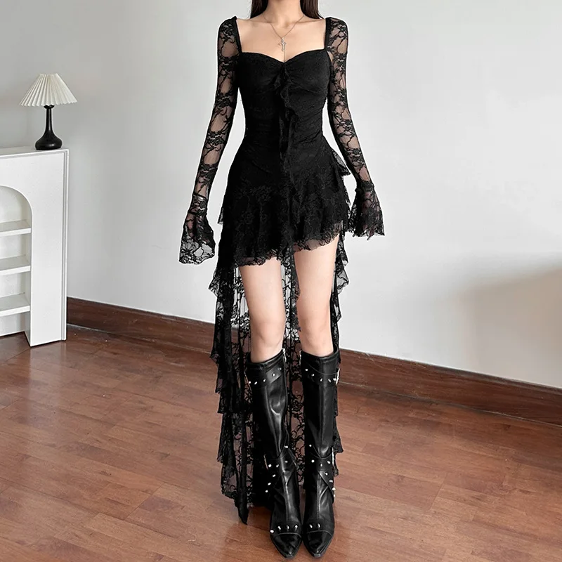 Goth Dark Fairycore Lace Flare Sleeve Square Neck A-line Dress Sweet E-girl Irregular Long Hem Dresses Cyber Y2K Party Vestido