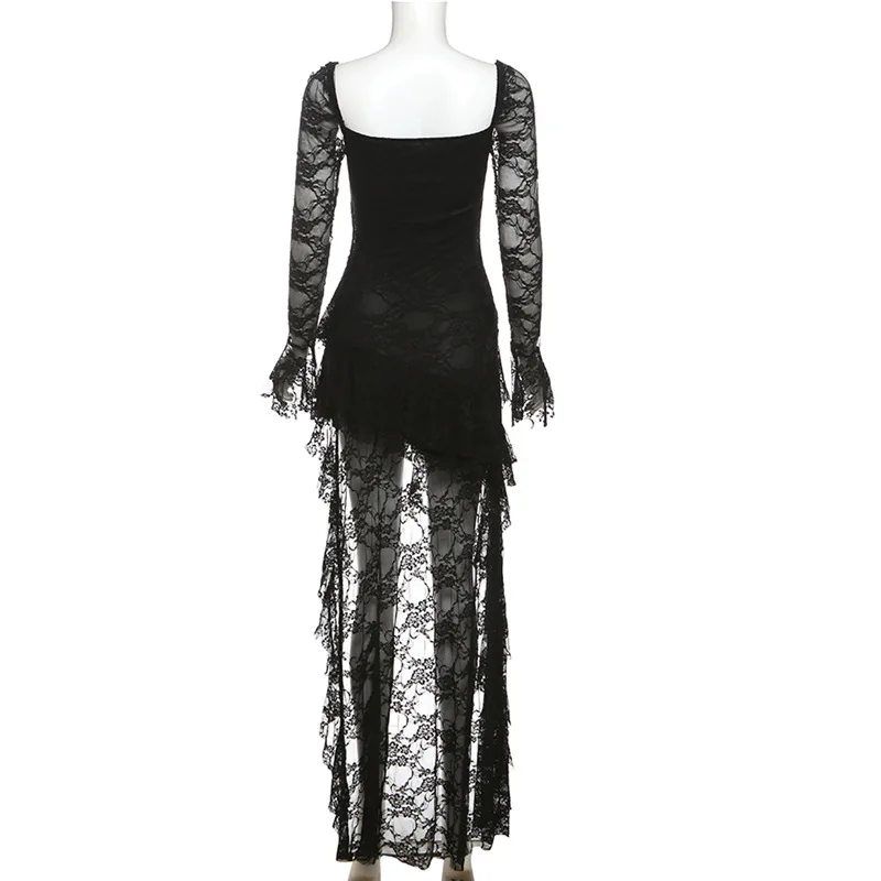 Goth Dark Fairycore Lace Flare Sleeve Square Neck A-line Dress Sweet E-girl Irregular Long Hem Dresses Cyber Y2K Party Vestido