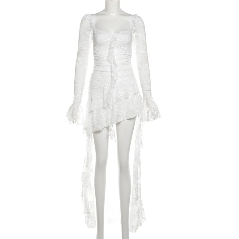 Goth Dark Fairycore Lace Flare Sleeve Square Neck A-line Dress Sweet E-girl Irregular Long Hem Dresses Cyber Y2K Party Vestido