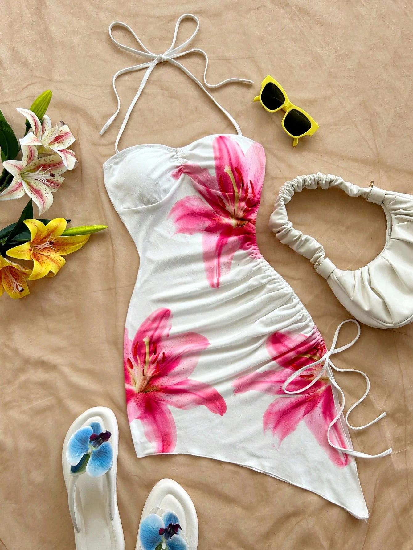 Women's Beach Vacation Graphic Floral Print Dress Asymmetric Hem Halter Neck Bow Bodycon Boho Short Dresses Streetwear 2025