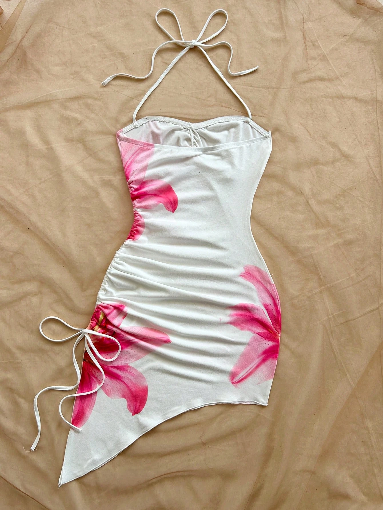 Women's Beach Vacation Graphic Floral Print Dress Asymmetric Hem Halter Neck Bow Bodycon Boho Short Dresses Streetwear 2025