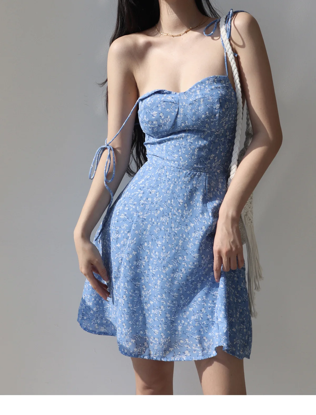 Blue Flower Spaghetti Strap Vintage Dress Women Clothing Sleeveless Lace-up Fashion Summer Mini Womens Dresses Vacation Outfits