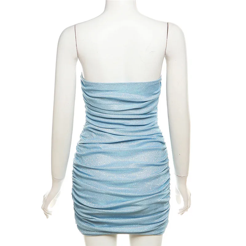 SylCue Blue Shining Sequin Sexy Mini Strapless Dress Women Fashion Sleeveless Slim Midnight Party Club Skinny Ruched Outfits