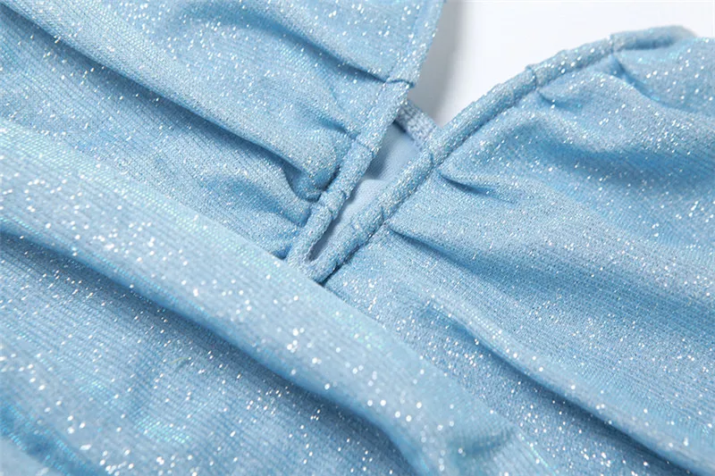 SylCue Blue Shining Sequin Sexy Mini Strapless Dress Women Fashion Sleeveless Slim Midnight Party Club Skinny Ruched Outfits