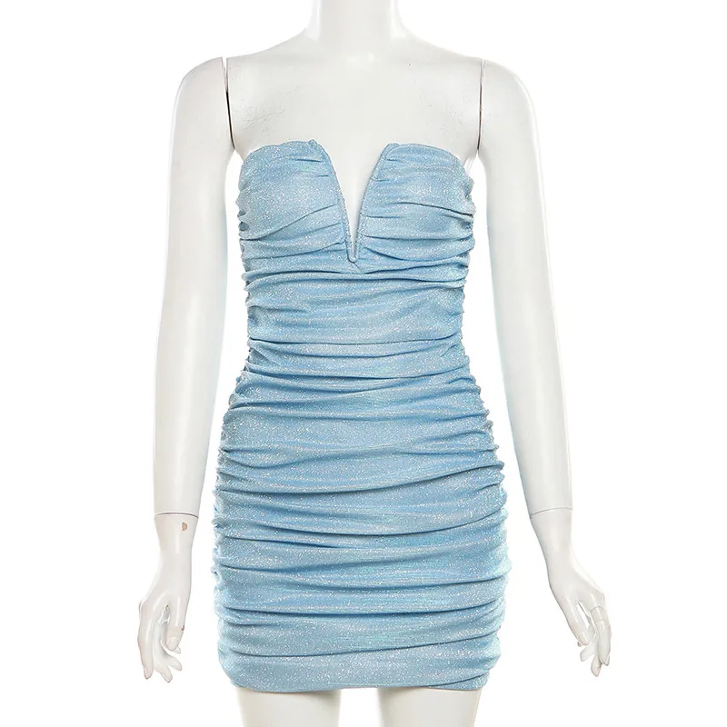 SylCue Blue Shining Sequin Sexy Mini Strapless Dress Women Fashion Sleeveless Slim Midnight Party Club Skinny Ruched Outfits