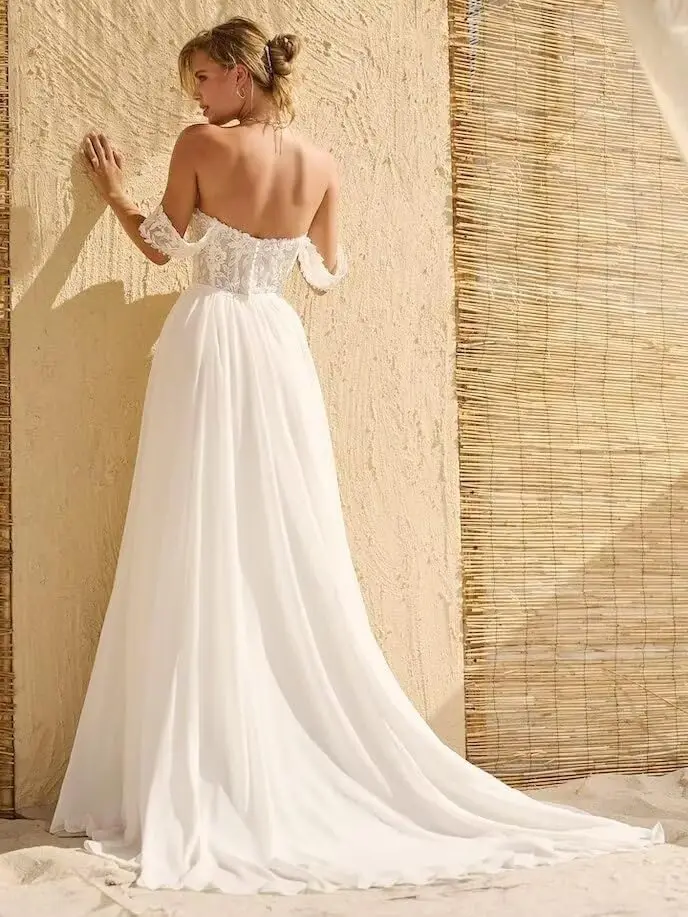 Lace Wedding Dresses for Bride Short Sleeve Beach Bridal Gowns Chiffon Boho Bridal Dresses