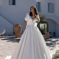 Puffy Sleeve Satin Wedding Dresses for Bride A Line Boho Beach Bridal Gowns with Bow