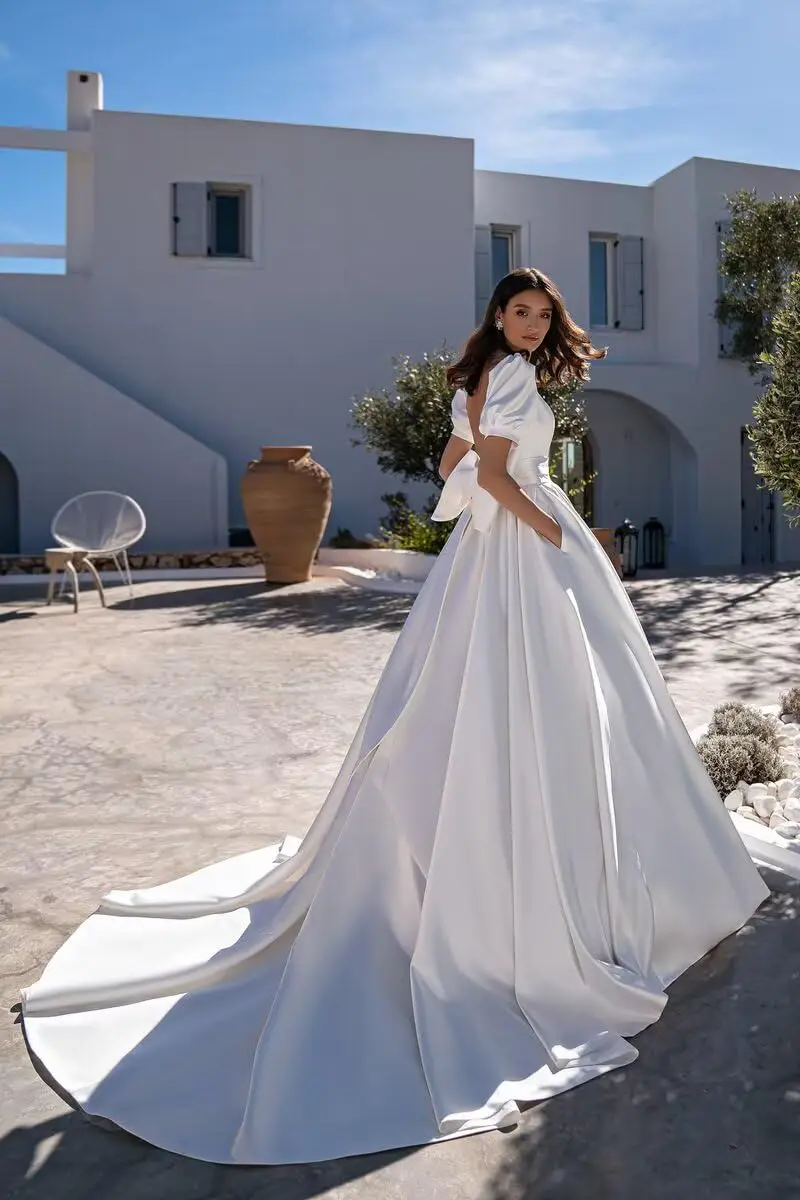 Puffy Sleeve Satin Wedding Dresses for Bride A Line Boho Beach Bridal Gowns with Bow