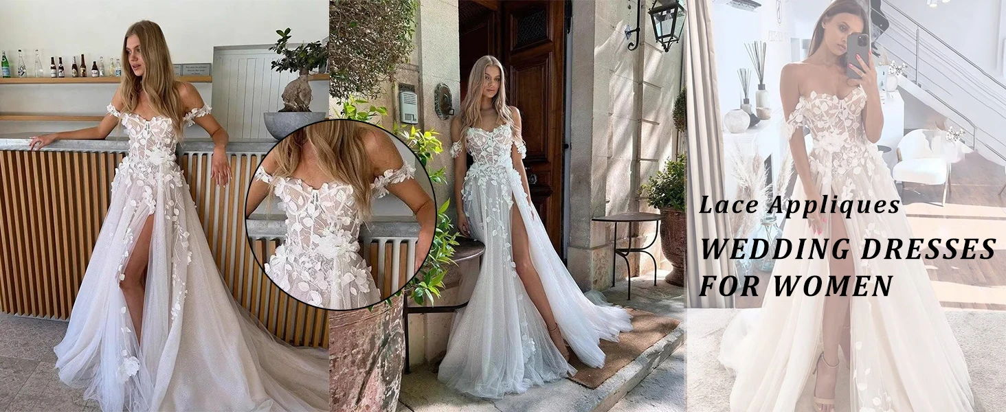 Off The Shoulder Lace Appliques Wedding Dresses for Bride Tulle Bridal Dresses with Slit A Line Bride Gowns with Train Off The Shoulder Lace Appliques Wedding Dresses for Bride Tulle Bridal Dresses with Slit A Line Bride Gowns with Train