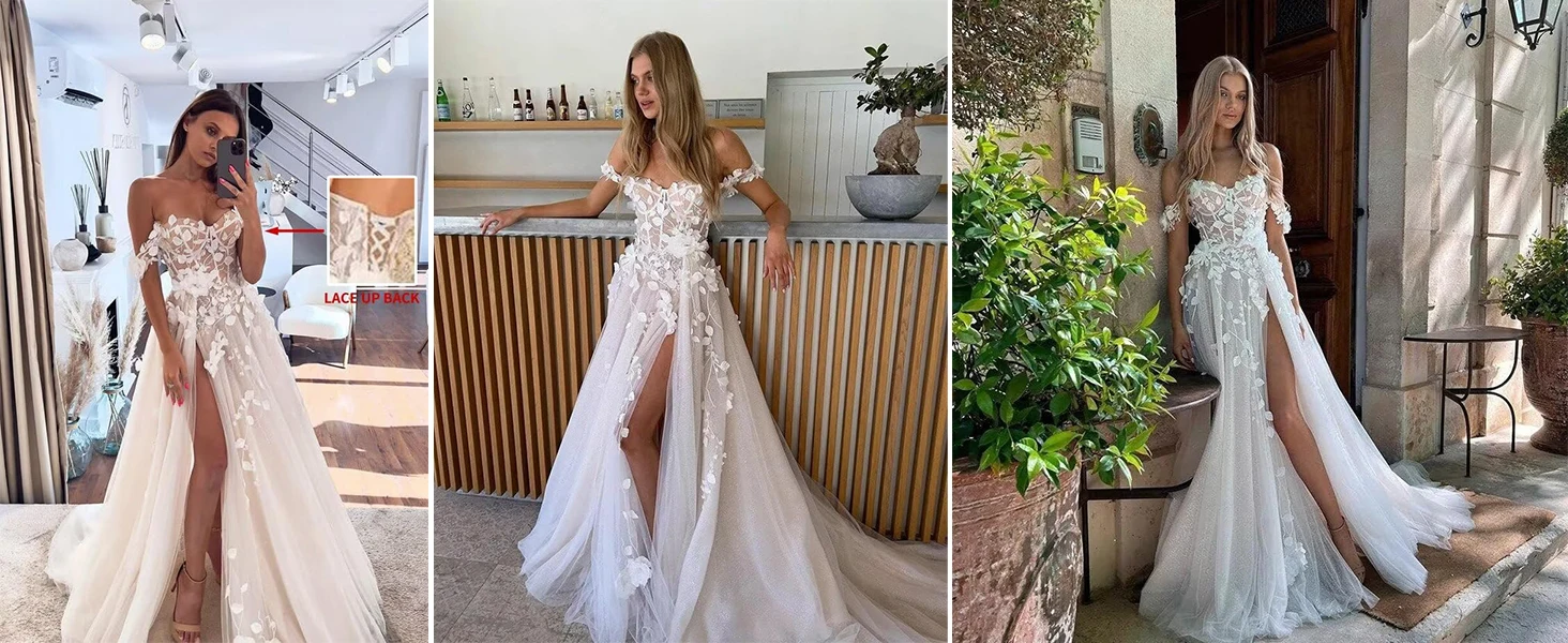 Off The Shoulder Lace Appliques Wedding Dresses for Bride Tulle Bridal Dresses with Slit A Line Bride Gowns with Train Off The Shoulder Lace Appliques Wedding Dresses for Bride Tulle Bridal Dresses with Slit A Line Bride Gowns with Train